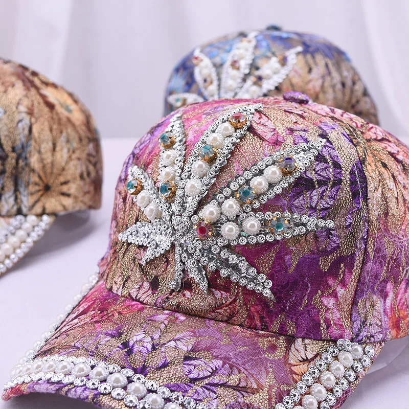 New Handmade Pearl Women Baseball Cap Spring Summer Ladies Elegant Leaf Diamond Sun Hat Fashion Luxury Travel Children Cap