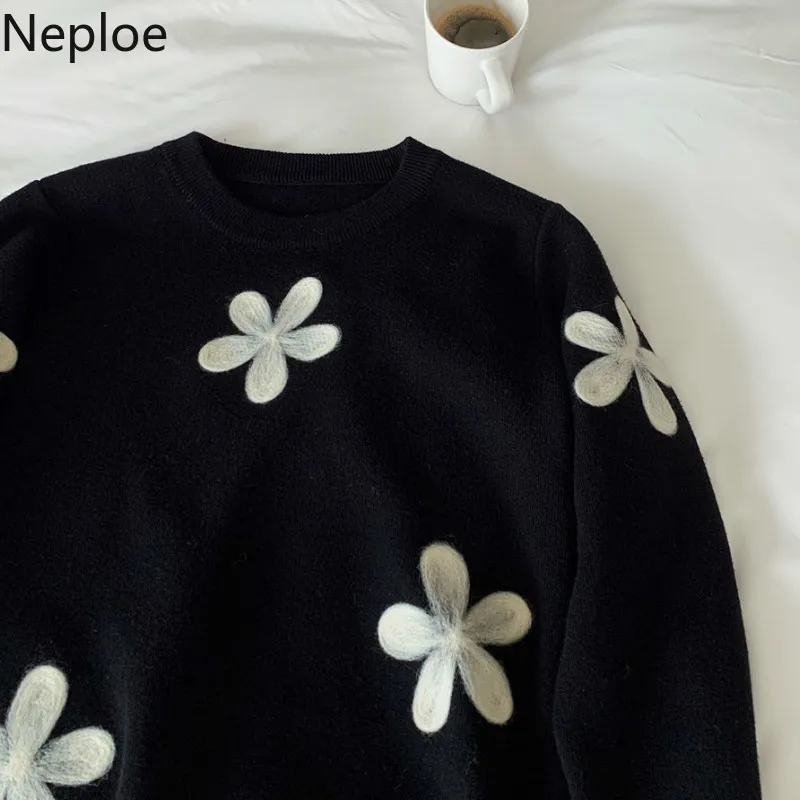Neploe, шикарный плотный свитер с вышитыми цветами, Женский однотонный пуловер с круглым вырезом и длинным рукавом, теплый женский свитер