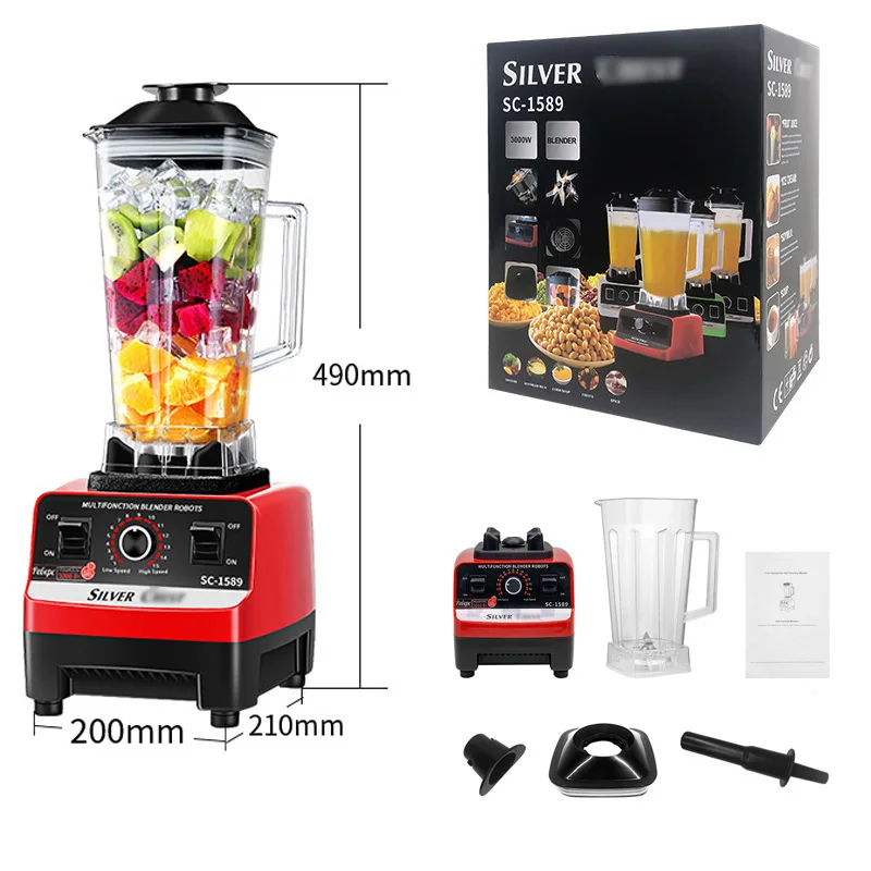 SILVER 3000W Heavy Duty Commercial Grade Blender 6 Blades Mixer Juicer Fruit Food Processor Ice Smoothies BPA Free 2L Jar