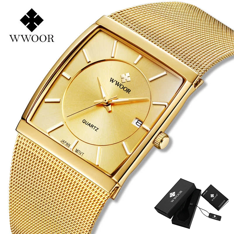 Роскошные золотые часы WWOOR для мужчин квадратные ультратонкие мужские кварцевые