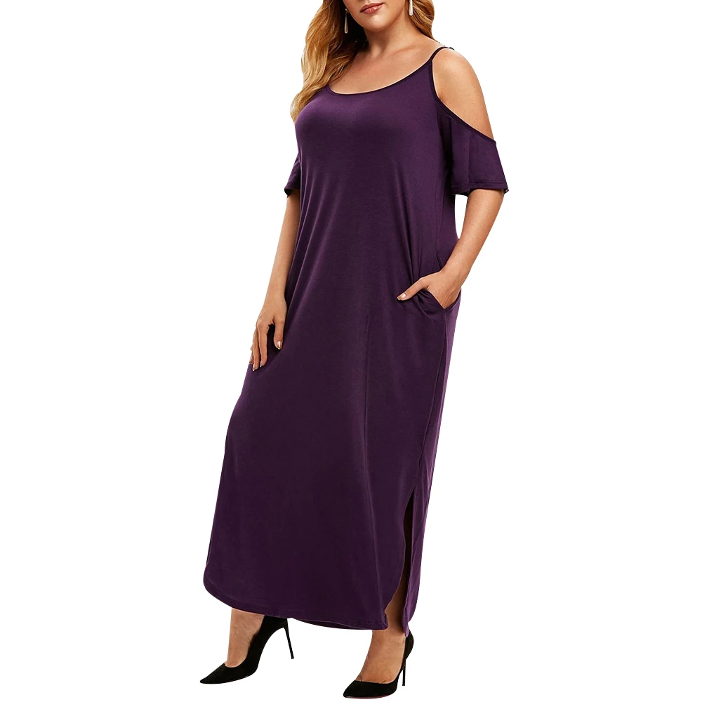 

6XL Plus Size Summer Beach Dress Cami Maxi Dress Bohemian Off Shoulder Short Sleeve Solid Lady Long Maxi Dress with Pockets D30