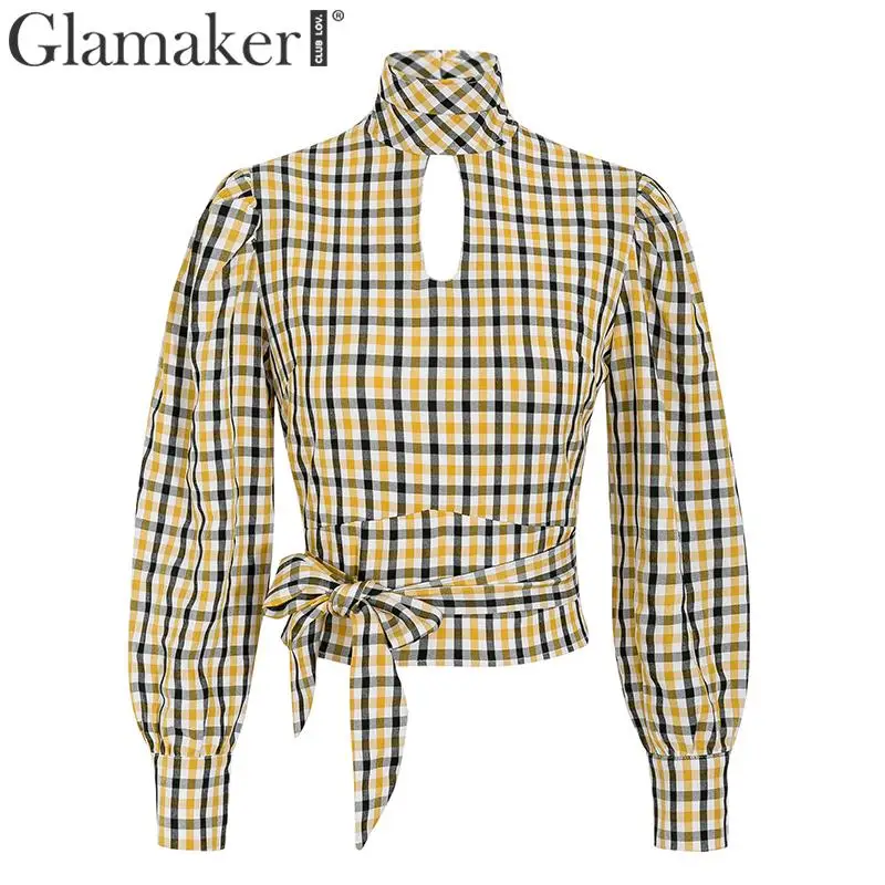 Glamaker/винтажная клетчатая рубашка, короткая женская блузка с открытой спиной и длинными рукавами-фонариками, осенне-зимняя пикантная женская блузка