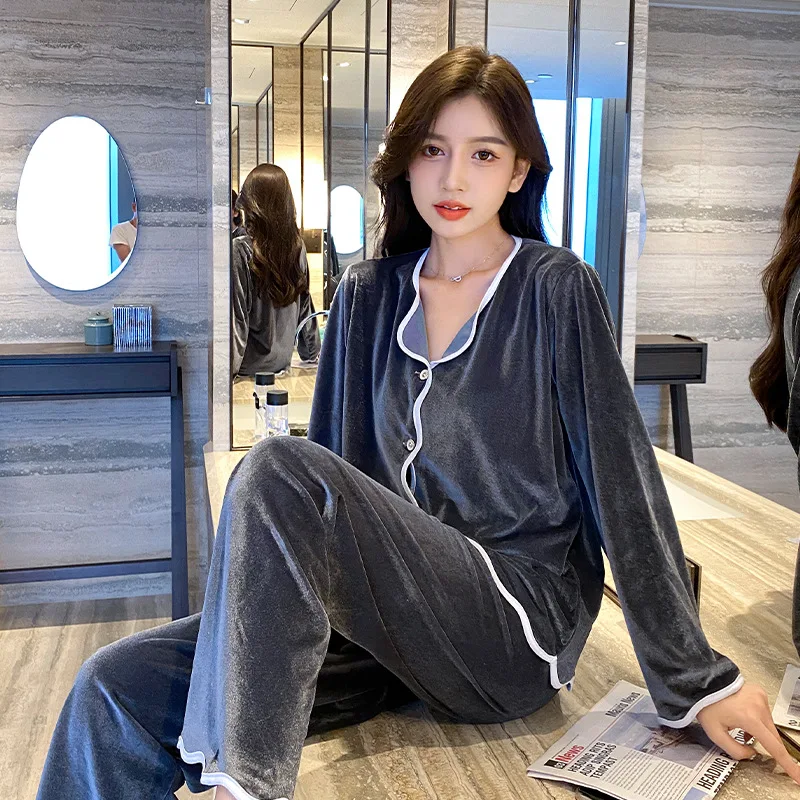 Long Sleeve Pajamas Winter Warm Trousers Suit Fashion Pyjama Set Large Size Nightwear Home Service