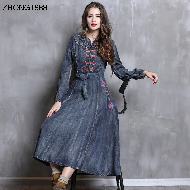 

Оригинальное женское джинсовое платье, новое приталенное платье с вышивкой в стиле ретро, весна 2020