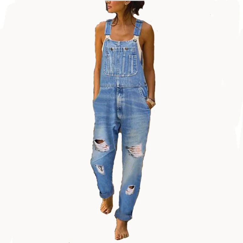

Women's denim overalls with holes and thinner women's overalls and trousers Women's high waist jeans