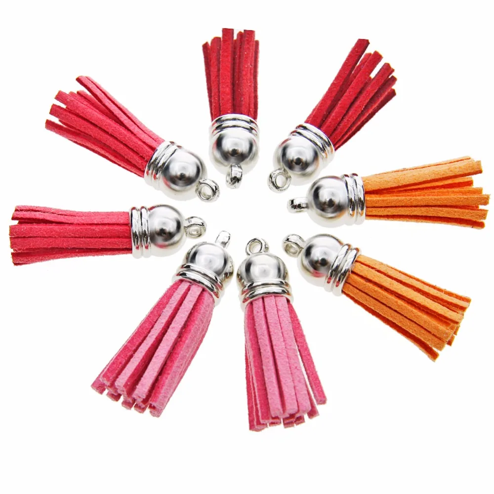 

Silver Plated Cap Tassel Vintage 60pcs 30 Colors 40mm Leather Tassels for DIY Jewelry Fringe Keychain Cellphone Straps Pendant