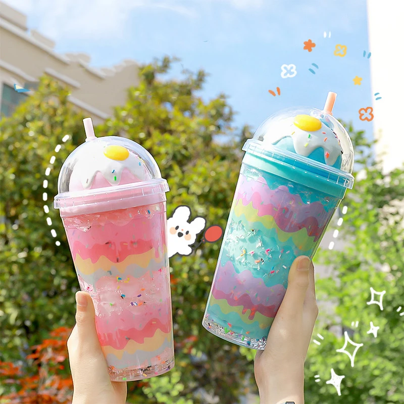 

Summer Ice Cream Cup Large Double Layer Water Bottle with Lid and Straw Korean Multifunctional Beautiful Ice Cup Coffee Cup