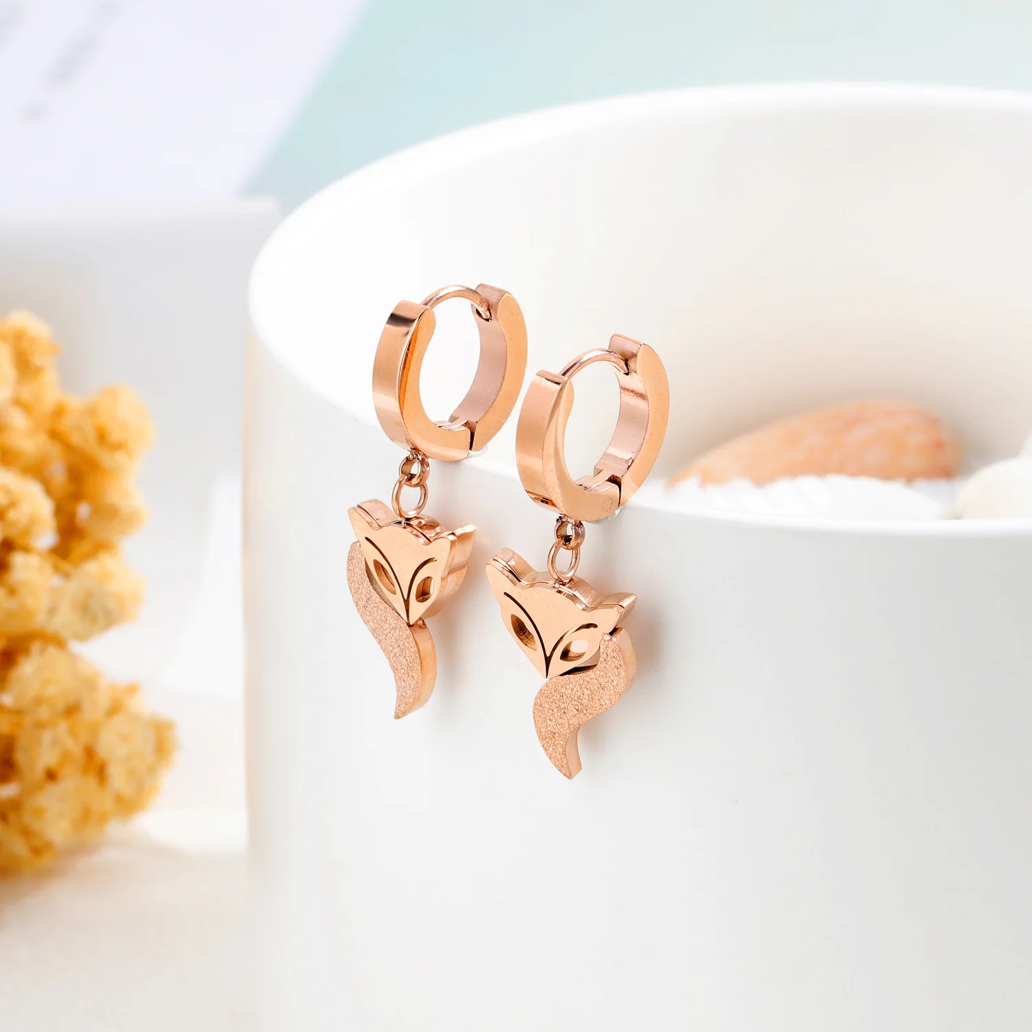 

6G Korean Version Unusual Gifts Stainless Steel Earrings For Women 2021 Trends Fashion Rose Gold Plated Frosted Fox Jewelry