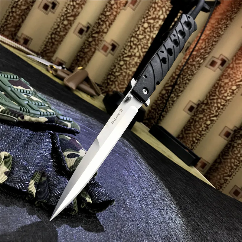 Cuchillo plegable de acero frío 26SXP Ti Li te XL 6, espada de Stiletto, hoja lisa de satén, mango negro ZyEx para exteriores, cuchillos tácticos de acampada