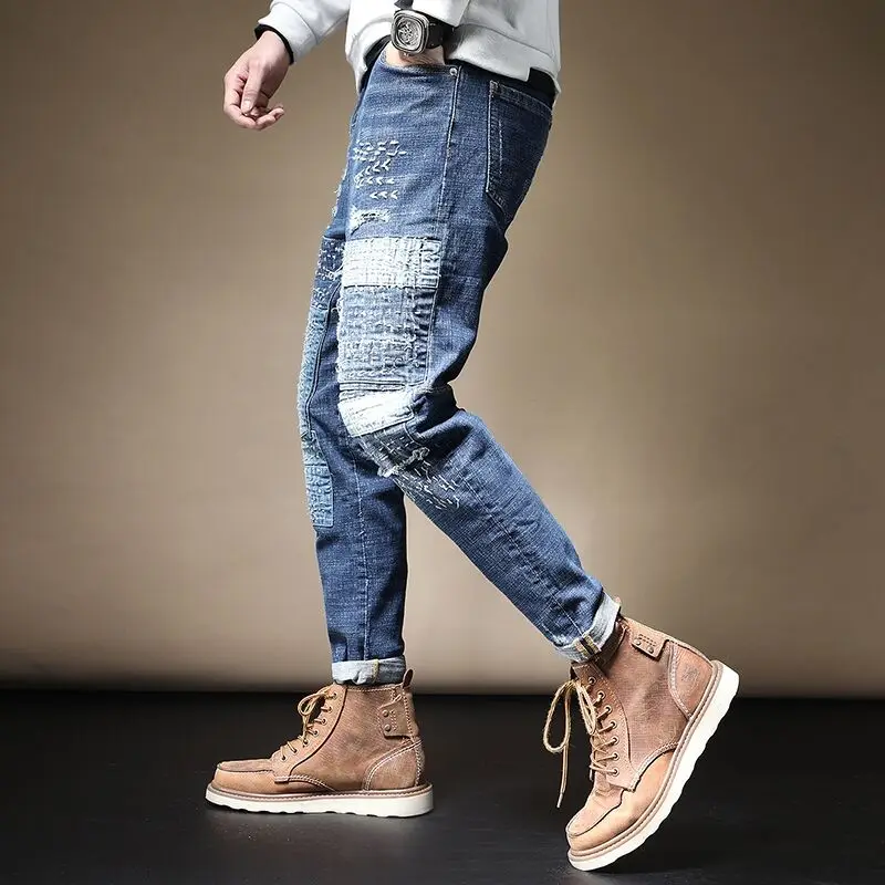 

Men's high street straight weave pants Loose patch stitching jeans