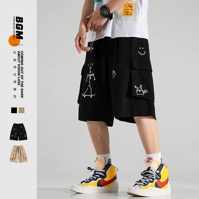 

2021 летние мужские брюки до колен, 98% хлопок, шорты с принтом Пикачу
