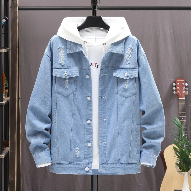 

2021 Autumn Winter New Simple Blue Drink Hole Hip Hop Denim Jacket Plus Size Loose Fashion All-match Men Jacket Free Shipping