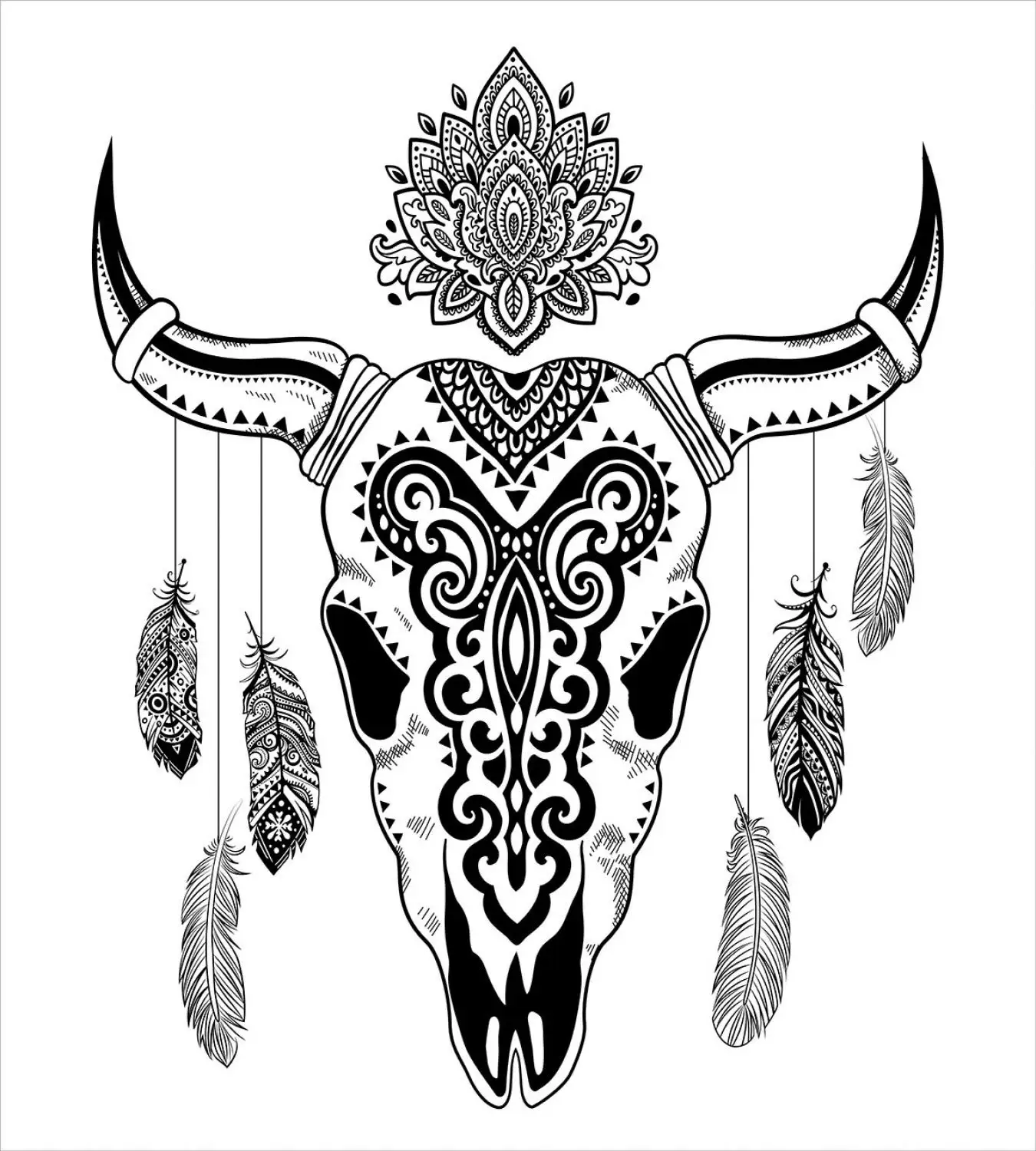 Племенной пододеяльник набор Западная Bull Череп Мандала Стиль темно в народном