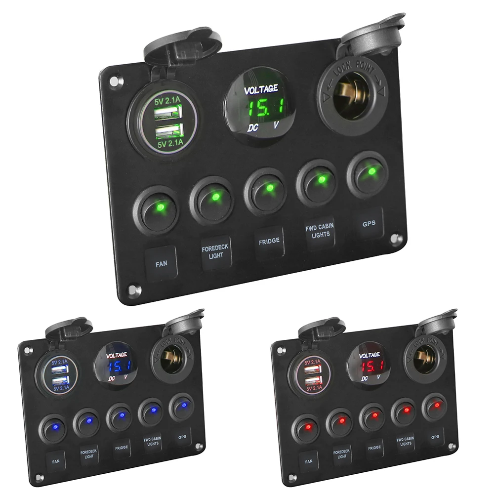 

LED Toggle Rocker Switch Panel Digital Voltmeter Dual USB Port 12V Outlet Combination Waterproof for Car Marine Ship