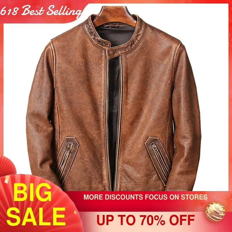 2021 винтажная коричневая кожаная мотоциклетная куртка в американском стиле