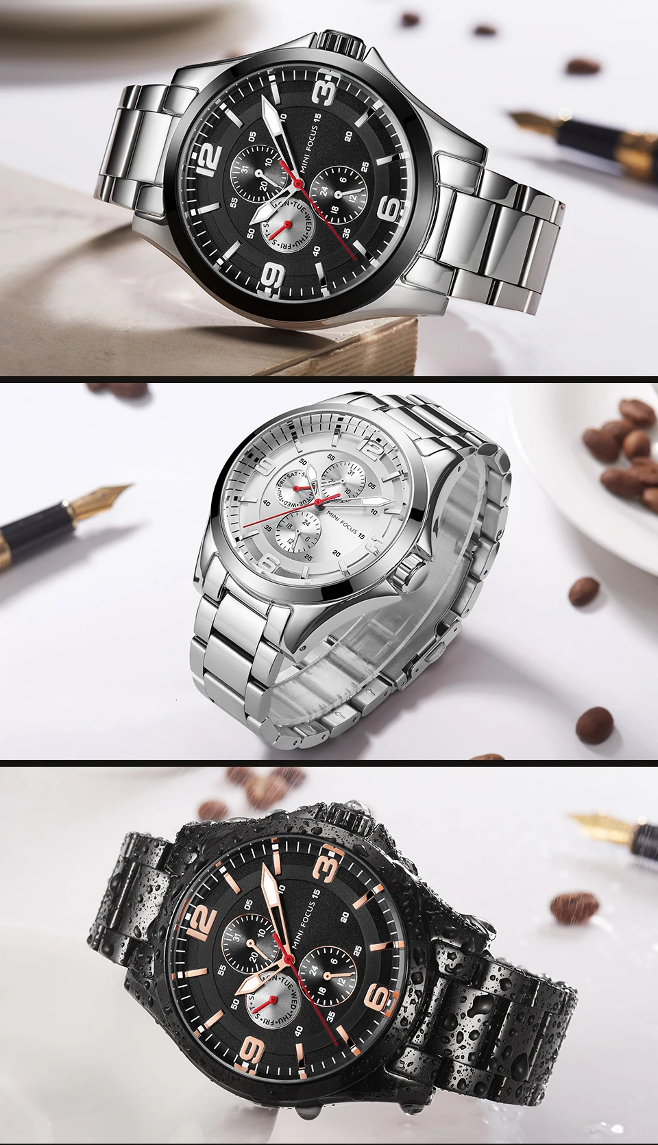 Классические мужские часы с мини-фокусом, 3 суб-циферблата, мужские часы, кварцевые аналоговые часы, часы из нержавеющей стали, ремешок с календарем, наручные часы