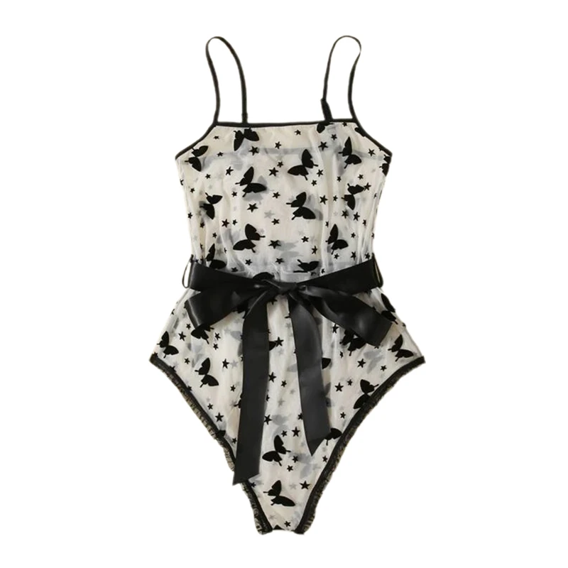 

FUFUCAILLM Women Mesh Bodysuits Butterfly Print See Through Sling Playsuit with Waistband Femme Sexy Lingerie