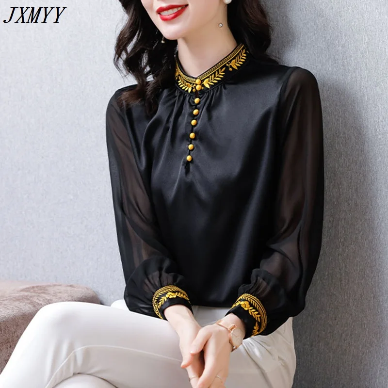 Рубашка JXMYYY Женская атласная шелковая с длинным рукавом блузка вышивкой и