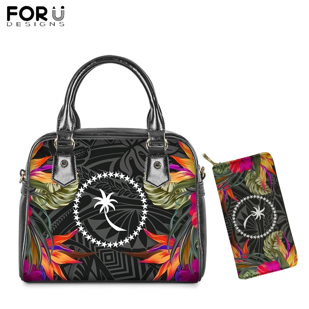 

FORUDESIGNS Chuuk Polynesian Tribal Tropical Printing Leahter PU Tote Bags&Wallet Set Women Luxury Shoulder Bag Bolsa Mujer Sac