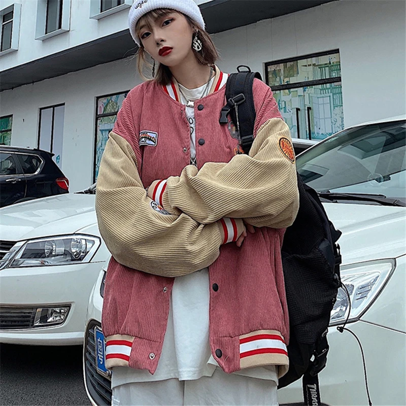 

2021 Spring Autumn Fashion New Couples Stand-Up Collar Long-Sleeved Loose Corduroy Retro Baseball Uniform Splicing Jacket H121