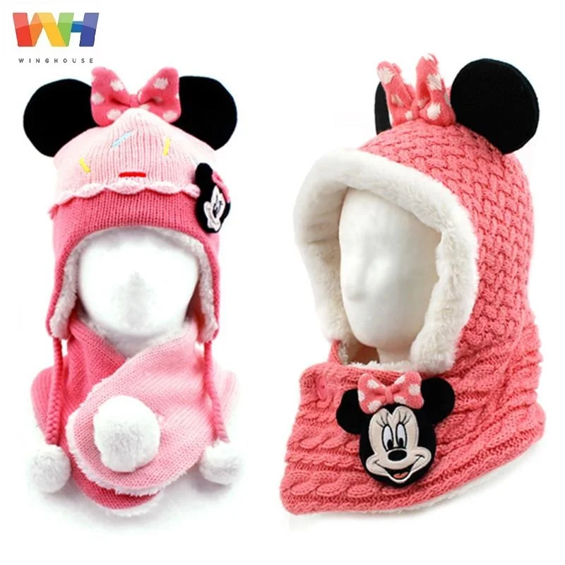 Детская шапка шарф капюшон комплект с Минни Маус шапочка уличное снаряжение для