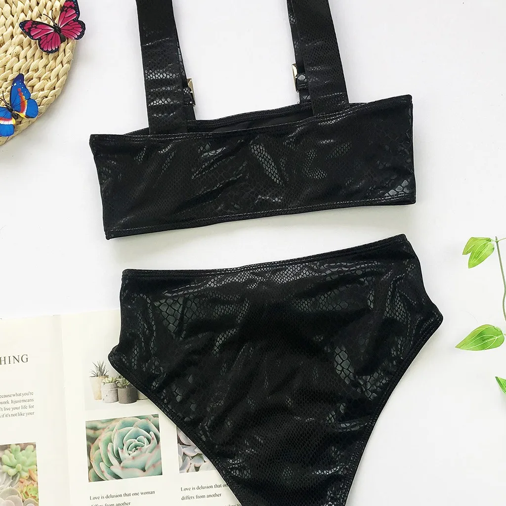 

New Sexy Leather Bikini Female Swimsuit Women Swimwear 2 Piece Bikini Set With Bra Cup Bather Bathing Suit Pure Color Swim Wear