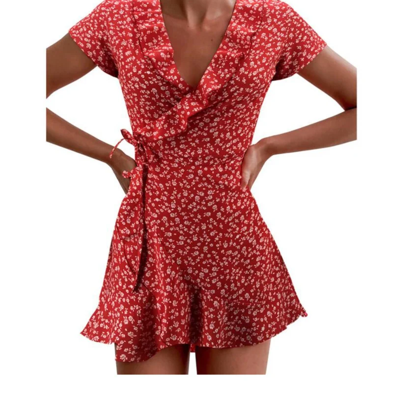

Женские Летние Повседневные платья 2021, Модное Новое пляжное мини-платье с коротким рукавом, V-образным вырезом, оборками и цветочным принтом