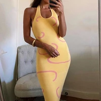 tiesome knitted bodycon yellow dress summer 2021 women halter neck sleeveless beach party dresses vacation y2k outfits boho