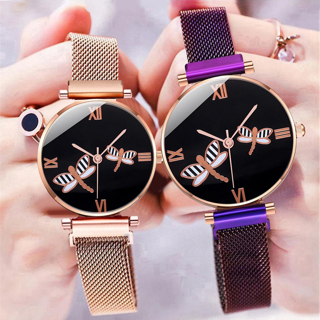 Женские часы с магнитной застежкой циферблат со стрекозой Роскошные модные