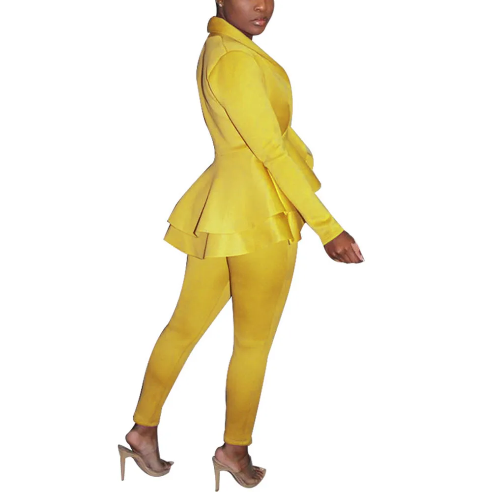 

Woman 2 Pcs Solid Color Outfits Long Sleeve V-neck Layered Ruffle Hem Blazer Ankle-length Pants