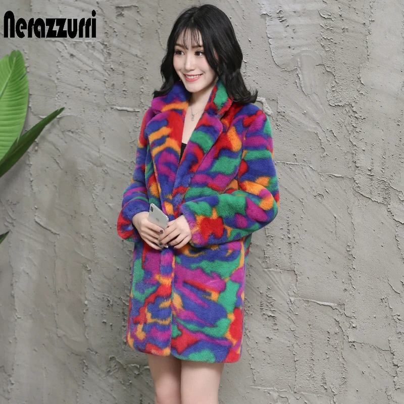Nerazzurri multi color fluffy faux fur coat notch lapel long sleeve colorful warm soft plus size winter women faux fur jacket
