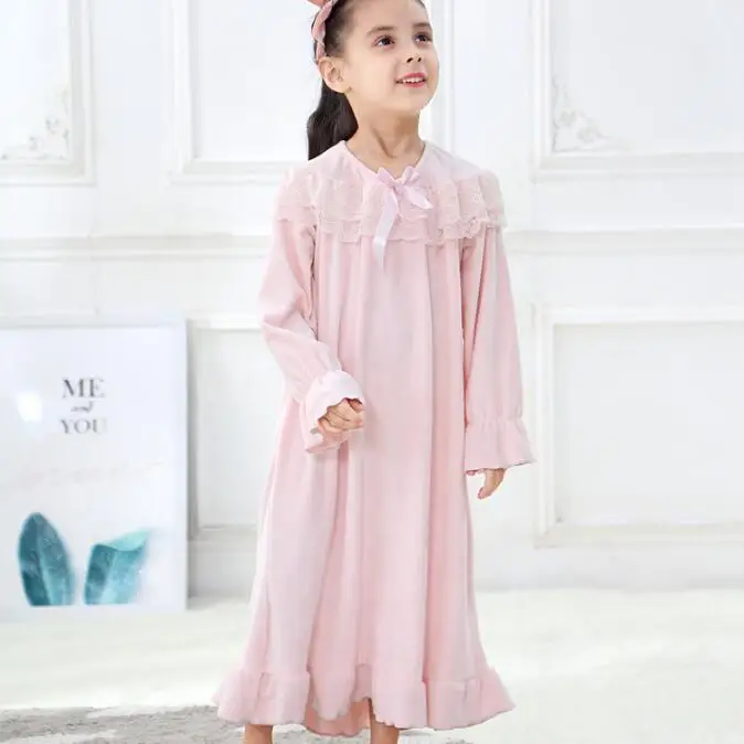 Осенне зимняя фланелевая кружевная одежда для сна маленьких девочек Однотонная