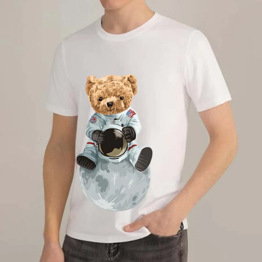 

T-shirt Trend Men's Casual Space Aerospace Teddy Bear Print T-shirt Slim and Comfortable O-neck Soft Clothing Youth White Shirt