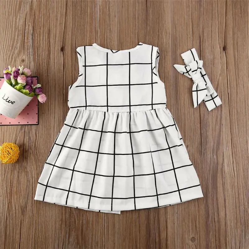 Летнее платье для маленьких девочек + повязка на голову без рукавов в клетку с