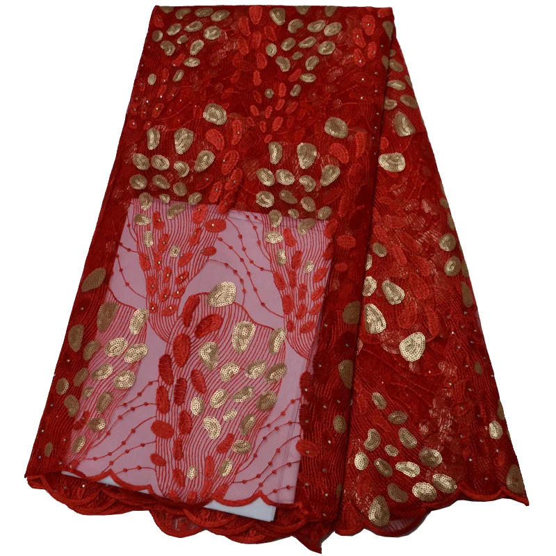(5 ярдов/шт.) Красная и Золотая африканская французская кружевная ткань с
