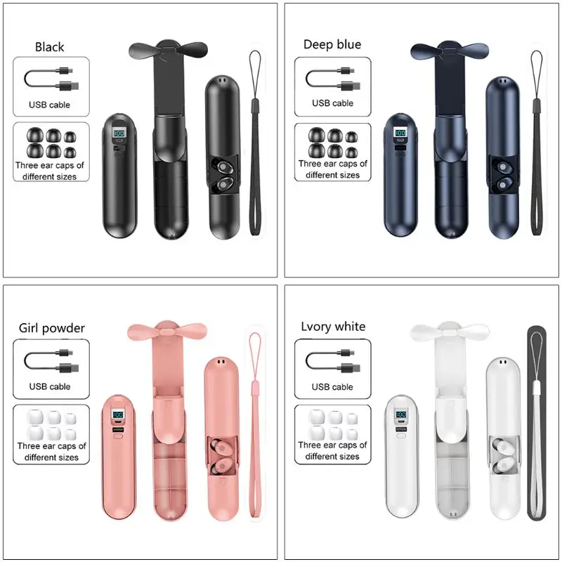 

TWS Wireless Bluetooth5.0 Earphone Headset Charging Case Mini Fan Flashlight 27RB