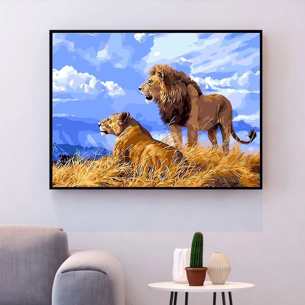 HUACAN краска по номеру Лев Рисование животных на холсте Ручная Краска ed Art подарок