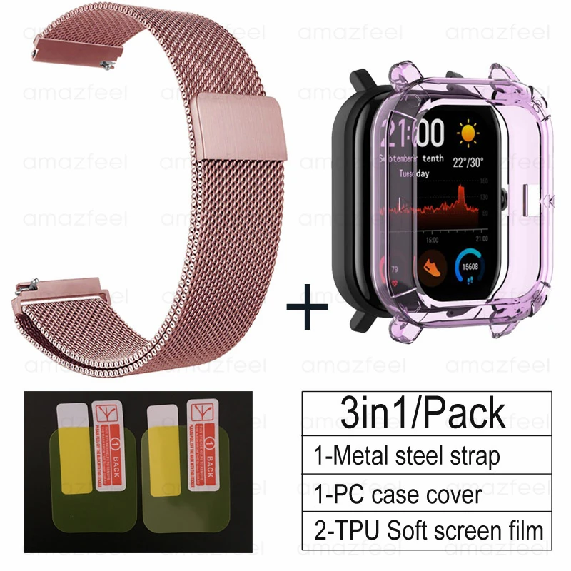 rose pink-purple 3в1 Для Amazfit GTS ремешок+ ТПУ чехол для Huami Amazfit gts Smartwatch Защитная пленка для экрана браслет ремешок на запястье - Цвет: rose pink-purple