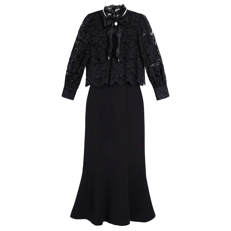 

Clothing High Quality Sets 2021 Spring Summer Dress Set Women Crochet Lace Tops Coat+Sleeveless Midi Purple Black Dress Suit 2pc