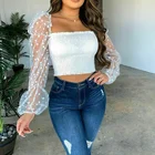 Футболка женская в горошек, эластичная, прозрачная, с длинными рукавами, облегающая, на бретелях, осенняя, пикантные сетчатые Топы