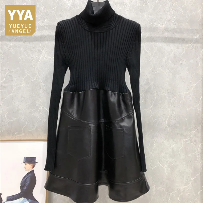 Brand 100% Real Leather Office Lady Pullover Dress Turtleneck Knitting Sweaters Patchwork Sheepskin A-Line Dress Autumn Winter