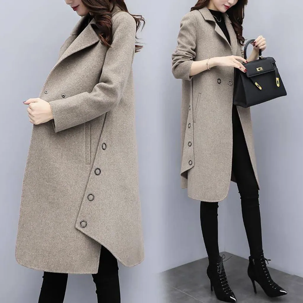 2019 Office Lady Women Long Winter Wool Blend Coat Slim Solid And Jacket Double Breasted Outerwear Plus Size 3xl#2 | Женская одежда