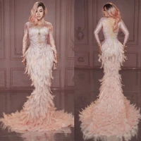 luxury pink feathers mermaid long dress women party wedding rhinestones trailing dress evening gown singer dress stage outfits