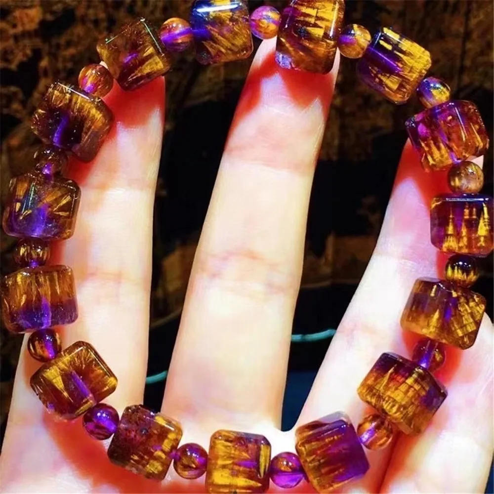 

9mm Natural Purple Gold Rutilated Quartz Bracelet Jewelry For Women Men Brazil Wealth Luck Gift Crystal Beads Strands AAAAA