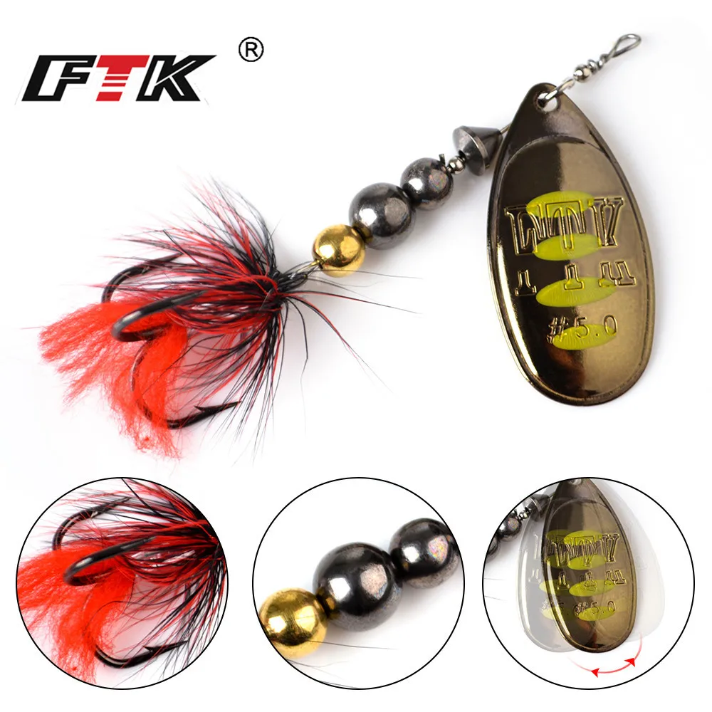 FTK Metal Fishing Lure Spinner Bait 12g 18g Wobblers Spoon Lures Pike Bass Carp Hard Bait With Feather Treble Hooks 8 colors