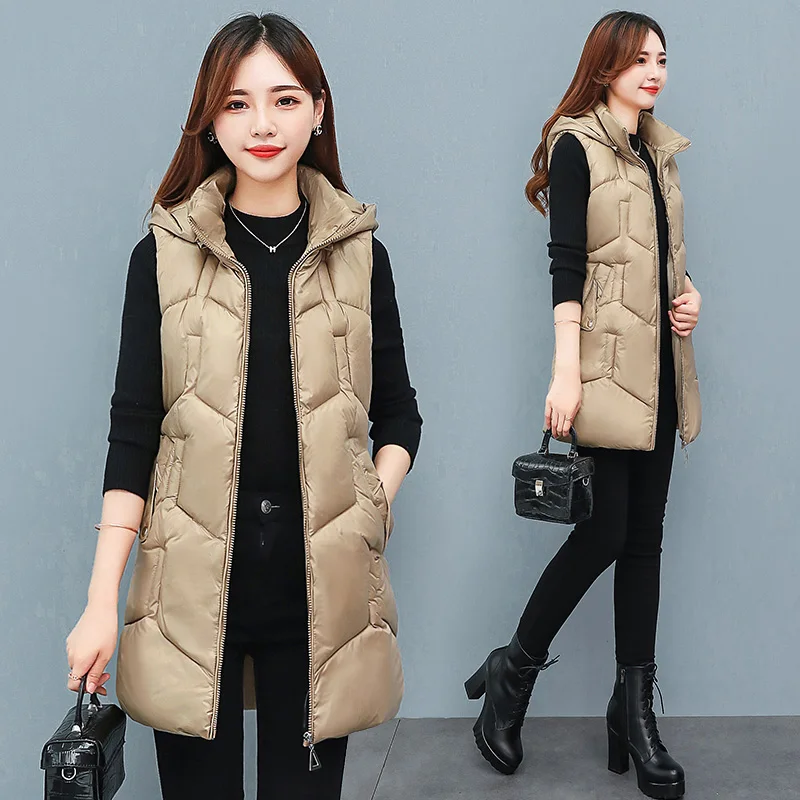 

Glossy Thicken Down Cotton Vest Women Mid-length Plus Size Loose Waistcoat Autumn Winter Hooded Stand Collar Sleeveless Jacket