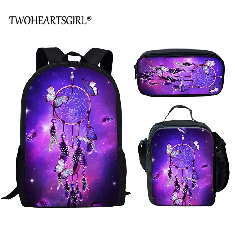 

Twoheartsgirl Novelty Dreamcatcher Student School Bags for Girls Kids Flower Butterfly Print Child Book Bags 3in1 Schoolbag Set