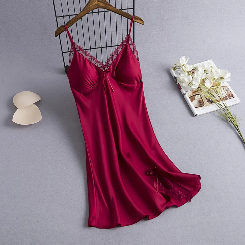 

Lace Nightgown Nighty Gown Sexy Faux Silk Sleepwear For Women Strap Nightdress Perspective Intimate Lingerie Sleep Dress