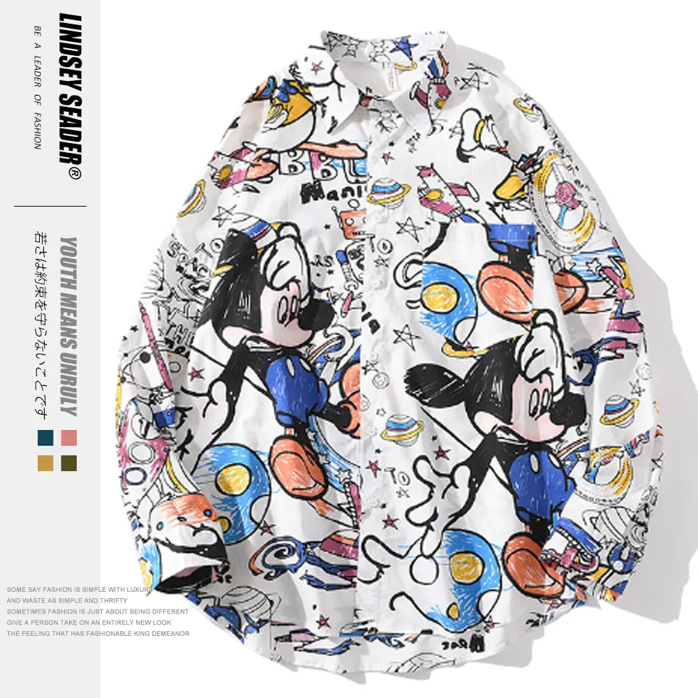 Женская рубашка мужская Свободная в стиле хип-хоп уличная гавайская с мультяшным