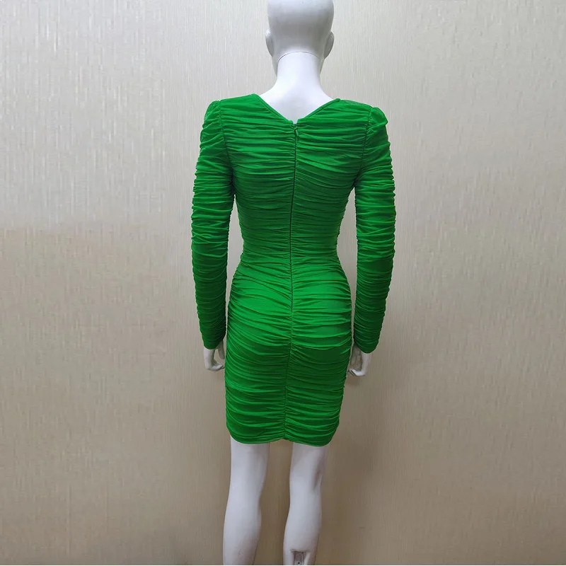 

Women Green Fashion Ruched Mesh Dress 2019 Latest Sexy V Neck Bodycon Long Sleeve Bandage Women Party Mini Winter Dresses